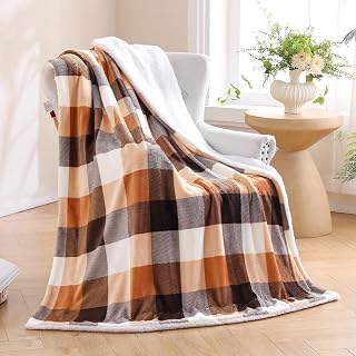 SOCHOW Buffalo Plaid Sherpa Fleece Throw Blanket, 50 X 60 Inches, Orange