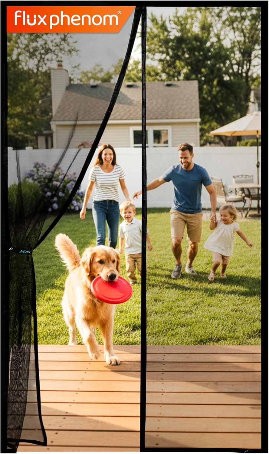 Flux Phenom Magnetic Screen Door - Bugs Out, Breeze in - 9Min Install Auto-Sealing Heavy Duty Double Stitched Mesh, 52 Magnets, Hands Free Sliding & Patio Doors Net, Pet & Kid Friendly, 38 X 82 Inch