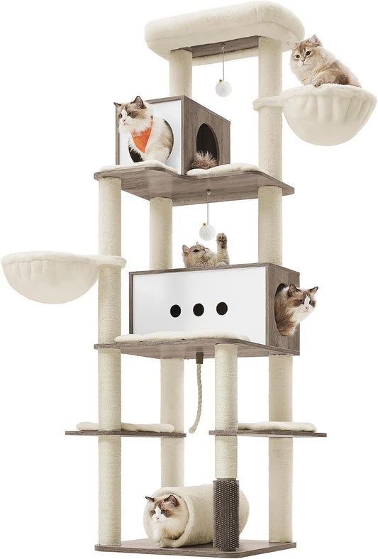 Feandrea Cat Tree, 75.6-Inch Multi-Level Condo with 2 Caves, 2 Hammocks