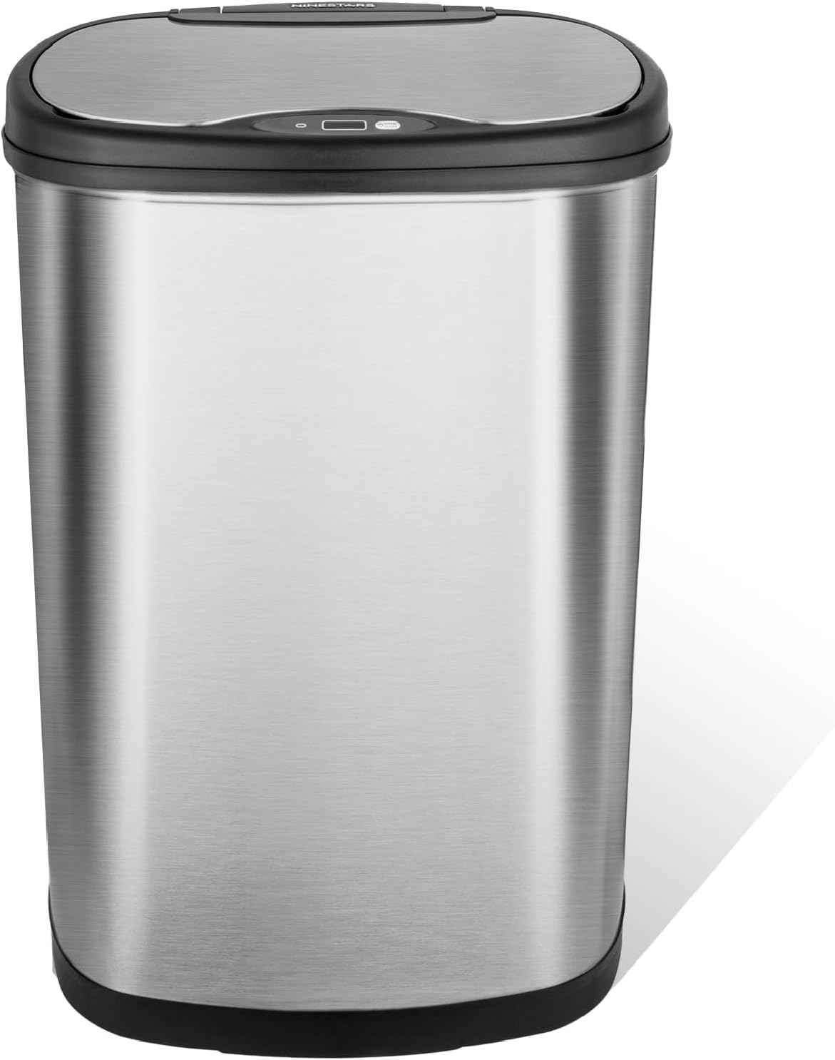 Ninestars 13 Gallon Oval Automatic Trash Can, 50L Touchless Motion Sensor Garbage Can with Odor-Sealing Lid & One-Touch Manual Mode, Silver Stainless Steel, Black Trim