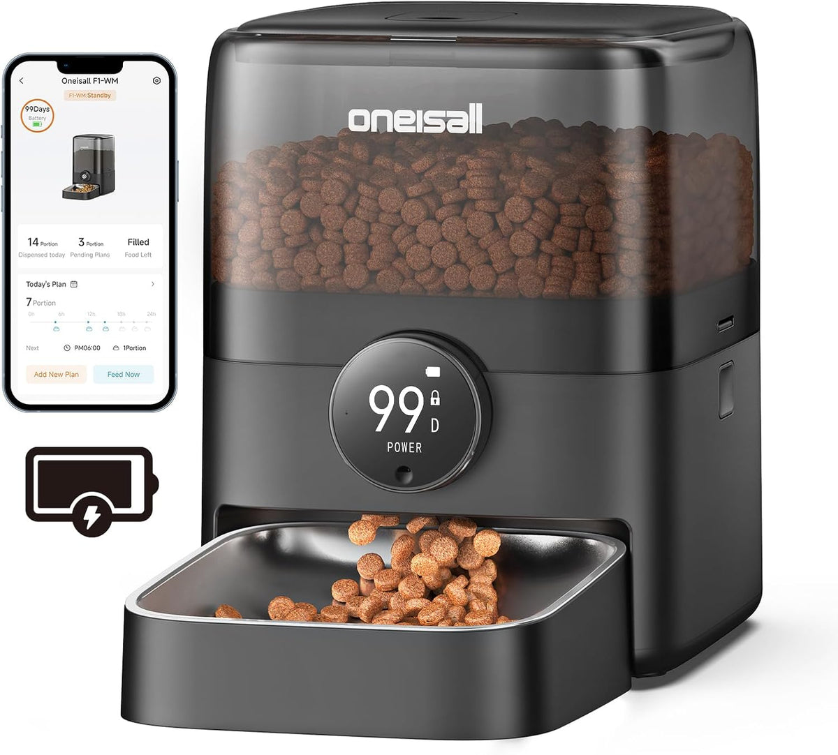Oneisall Cordless Cat Feeder with Wifi