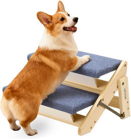 VEVOR Wood Pet Stairs, 2-Step Dog Stairs for Beds, Sofa & Cars, 110Lbs Load Capacity, Floded Flat Design, Stable & Sturdy Cat & Dog Step Ladder for Small Medium Large Older Pet Puppy Essentials