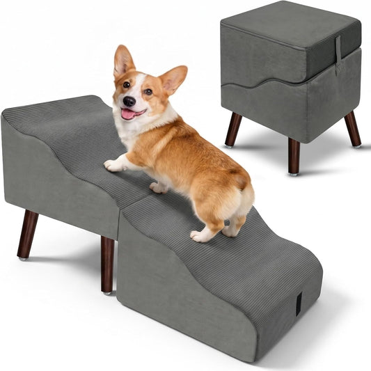 Dog Stairs for Small Dogs, 14.9" H 2-In-1 Foldable Pet Steps & Ottoman