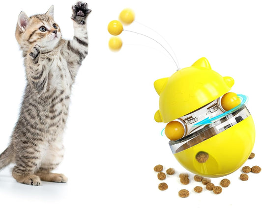 Cat Tumbler Interactive Treat Dispenser Toy, No-Electric Automatic Moving Cat Toy with Wand Ball, Slow Feeder & IQ Training Toy for Indoor Cats & Kittens, Yellow