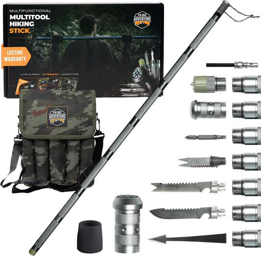 Prime Adventure 15-In-1 Tactical Survival Walking Stick & Hiking Staff – Heavy-Duty Collapsible Multitool for Camping, Hiking & Outdoor Survival Gear (8 Tubes, Premium Build)