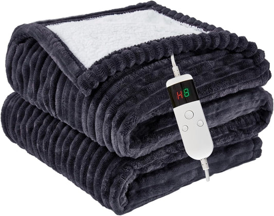 Heated Blanket Electric Throw, Soft Flannel Heating Blanket with 8 Hours Auto off 10 Fast Heating Levels Machine Washable Sherpa Heated Blanket with Overheating Protection