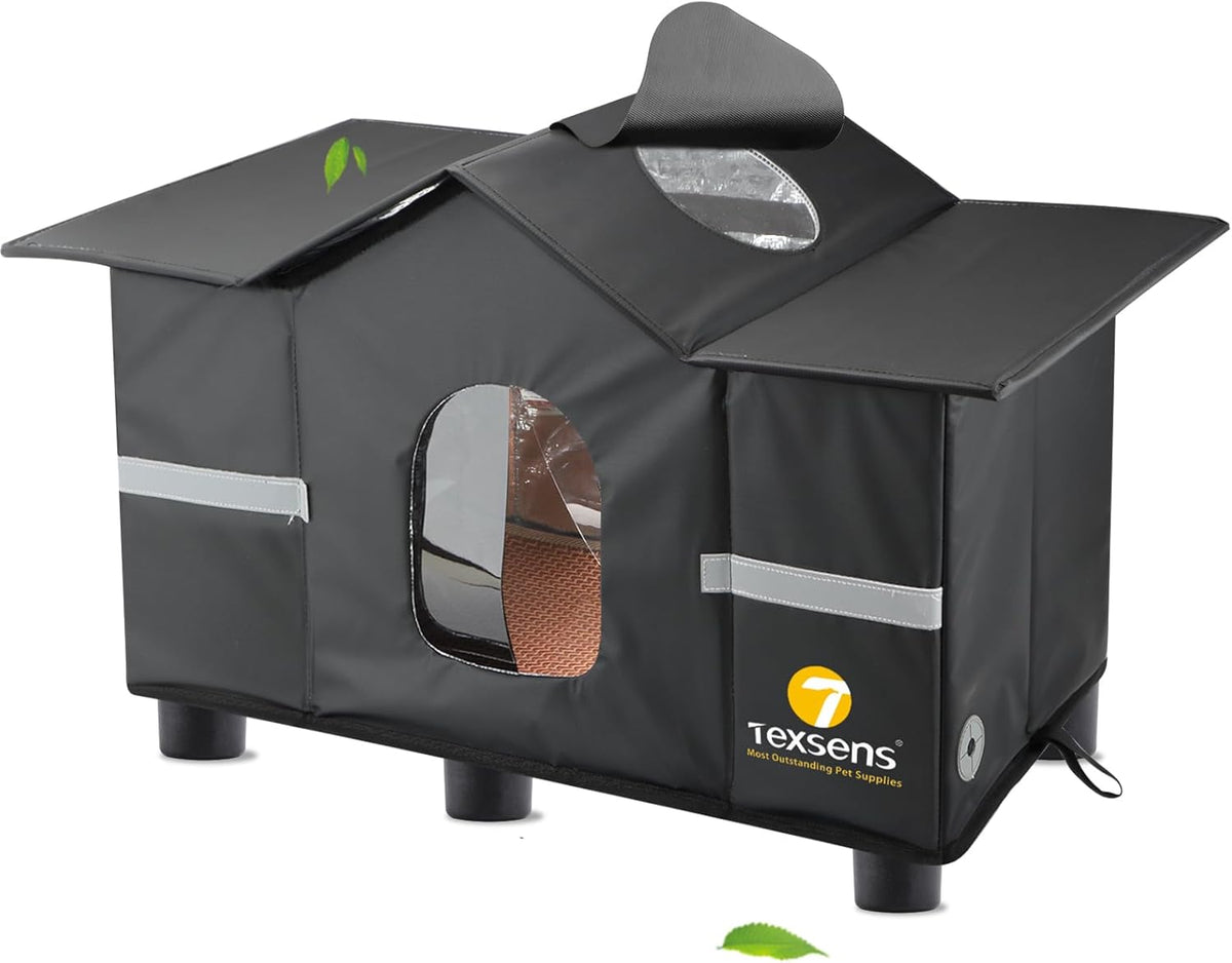 Texsens Outdoor Cat House - Weatherproof Large Cat Shelter for outside with Roof Window- Insulated Elevated House for Stray/Barn Cats with Cozy Cushion - Ideal Waterproof Feral Cat House