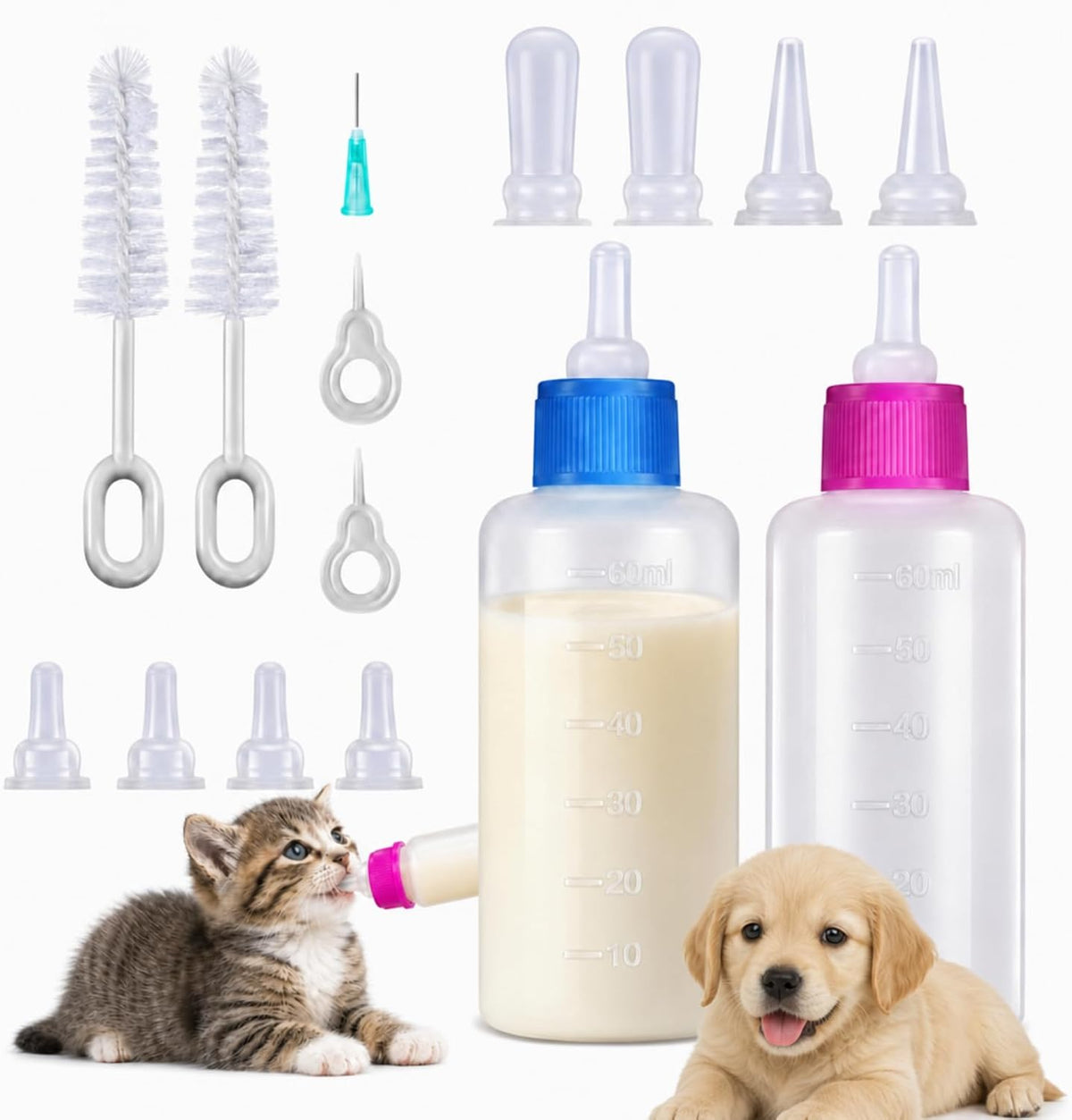 Tondiamo 17 Pcs Bottle Feeding Kit for Puppy Kitten Pet Nursing, Blue Pink