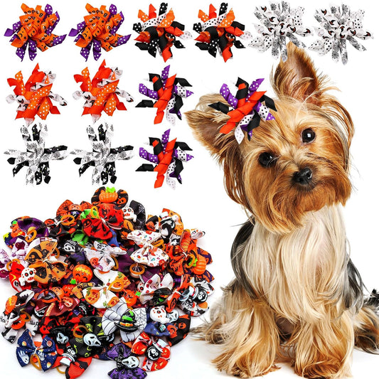 Halloween Decorations for Dog 60Pcs/30Pairs Halloween Dog Hair Bows with Rubber Bands Small Dog Bows Puppy Grooming Bows for Cat Bunny Yorkie Pet Hair Grooming Accessories