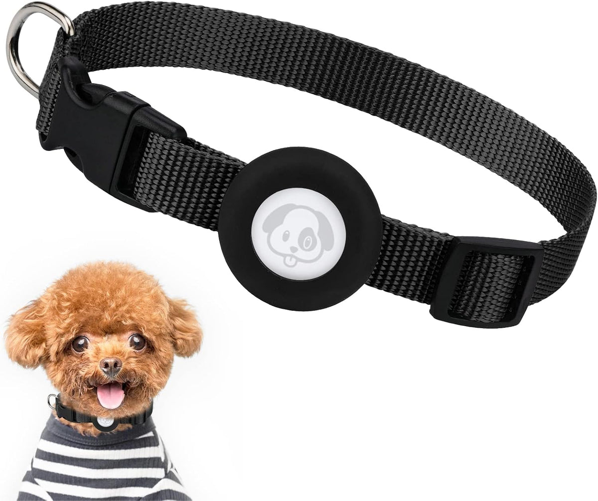 Compatible with Airtag Dog Collar, Adjustable Air Tag Dog Collar with Durable Quick Snap Buckle, Imitation Nylon Dog Collar with Waterproof Apple Airtag Holder for Small Dogs (S（6"-16"）, Black)