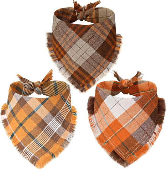 Fall Dog Bandanas 3 Pack Thanksgiving Bandanas with Tassels Edges Classic Plaid Adjustable Triangle Accessories Scarf for Small Medium Large Dogs Pets