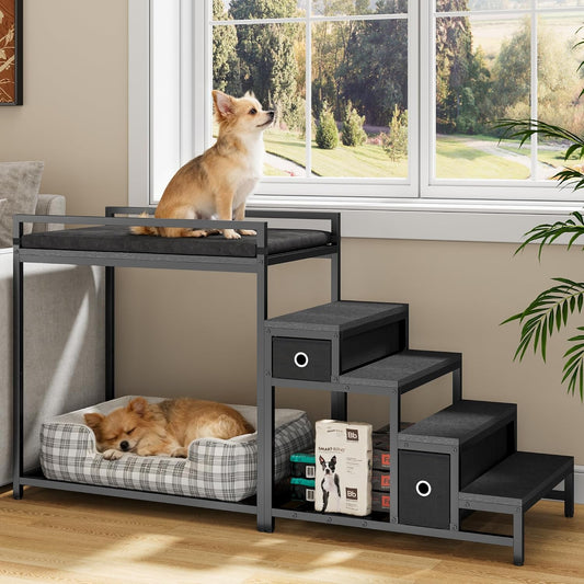 Kepptory Pet Bunk Bed with Stairs and Storage, Dog Beds Attachment to Human Bed, Bedside Dogs Cot for Small, Medium Cats & Dogs, Pet Window Perch (Grey)