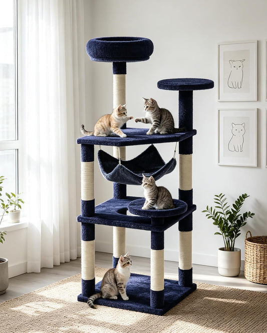 Modern Cat Tree, 51.2 Inches Multi-Level Cat Tower with Cat Hammock, Natural Sisal Scratching Posts for Indoor Cats