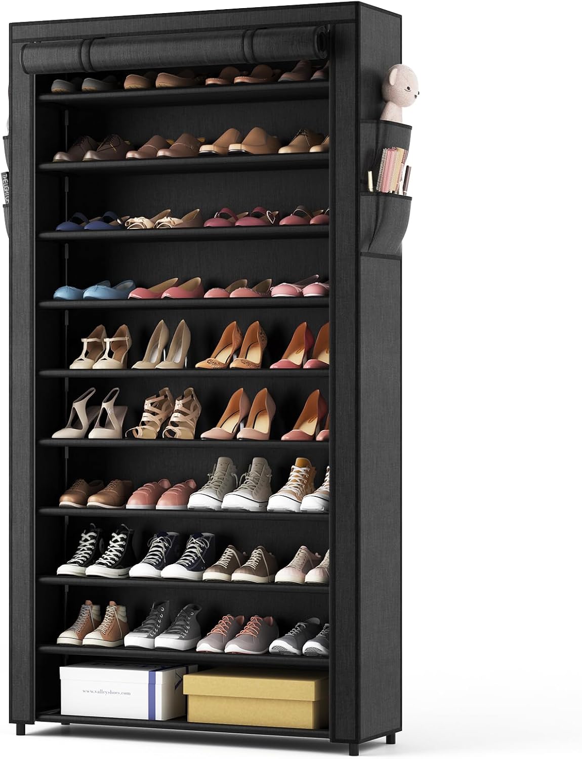 ROJASOP 10 Tier Shoe Rack with Covers,Large Capacity Stackable Tall Shoe Shelf Storage to 50-55 Pairs Shoes and Boots Sturdy Metal Free Standing Shoe Rack Organizer for Closet Entryway Garage