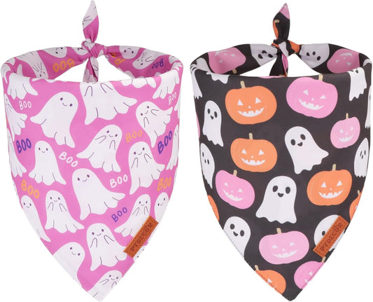 PTDECOR Halloween Dog Bandana, Pink Ghost Pumpkin Pet Scarf, Large