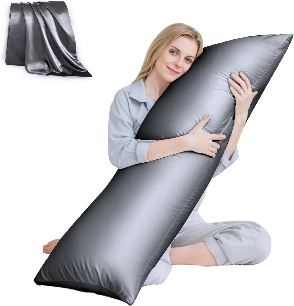 HUXMEYSON Body Pillow with Satin Pillowcase, Body Pillow for Adults, Grey