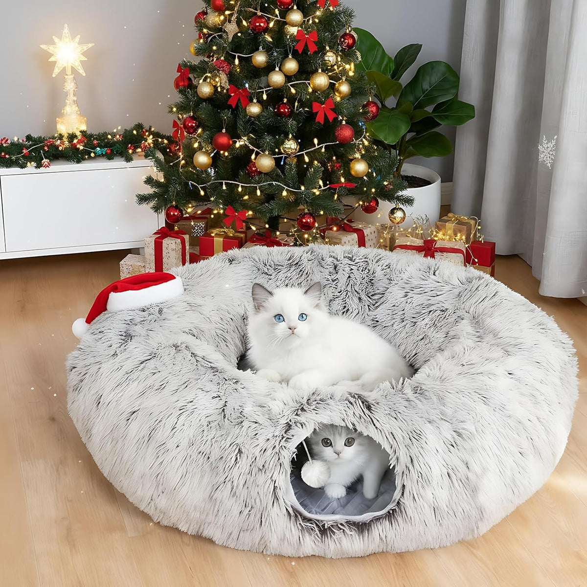 Cat Tunnel Bed for Indoor Cats, Plush Donut Tunnel with Washable Cushion