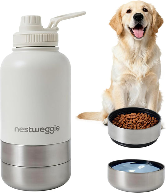 32Oz Dog Water Bottle with Detachable 3.5Oz Stainless Steel Bowl, Insulated Pet Travel Bottle, Leakproof Portable Dog Hydration Bottle for Walking Hiking Camping, 24H Cold /12H Hot(White)