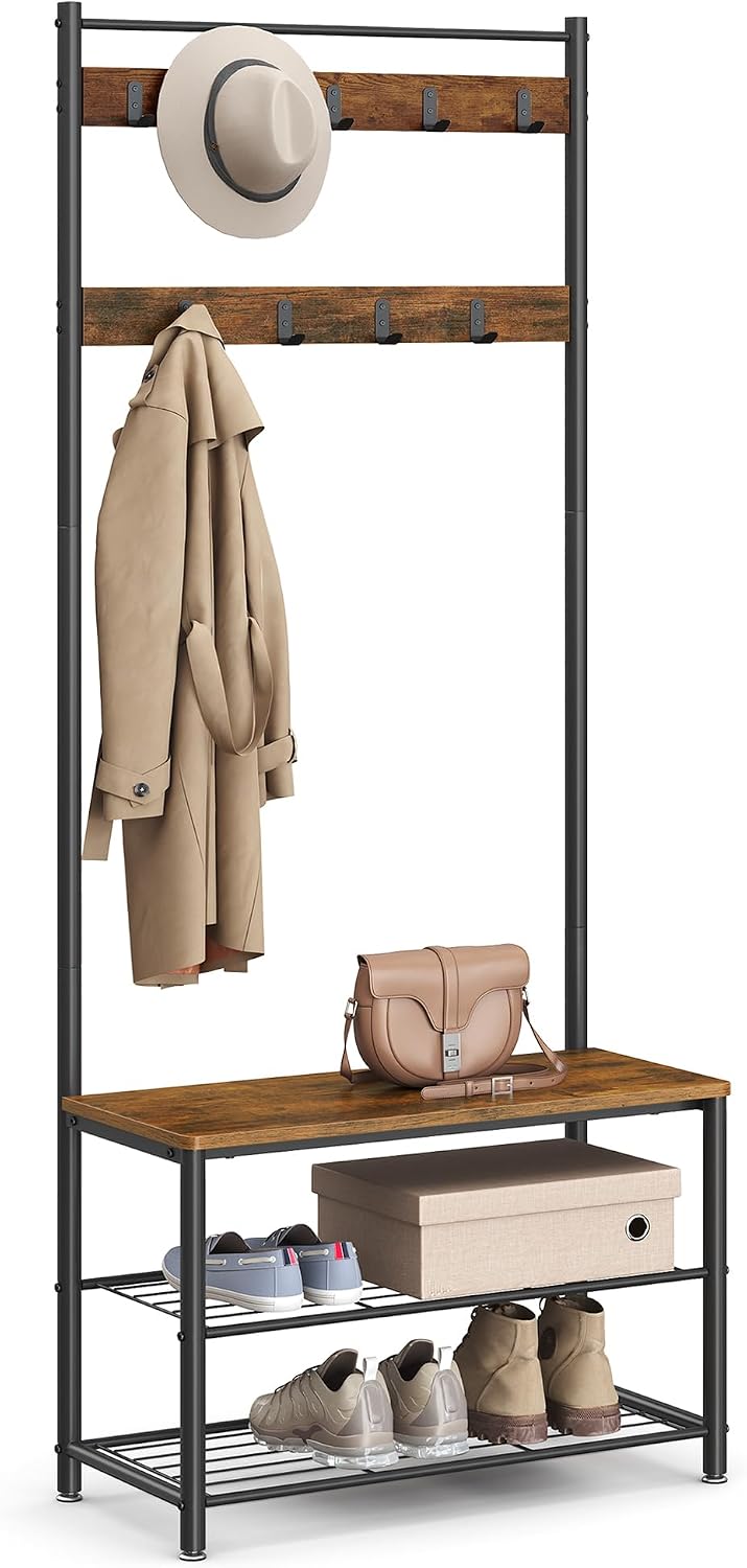 VASAGLE Coat Rack, Hall Tree with Shoe Storage Bench, 3-In-1, Steel Frame