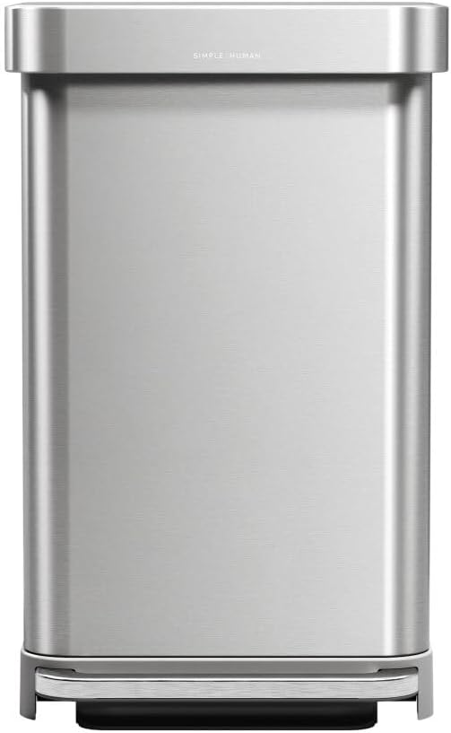 Simplehuman Rectangular Step Can, 45L / 12 Gallon Kitchen Trash Can, Liner Rim System, Liner Pocket®, 150,000-Step Pedal, Lid Shox® Silent Close, Brushed Stainless Steel with Grey Plastic Lid