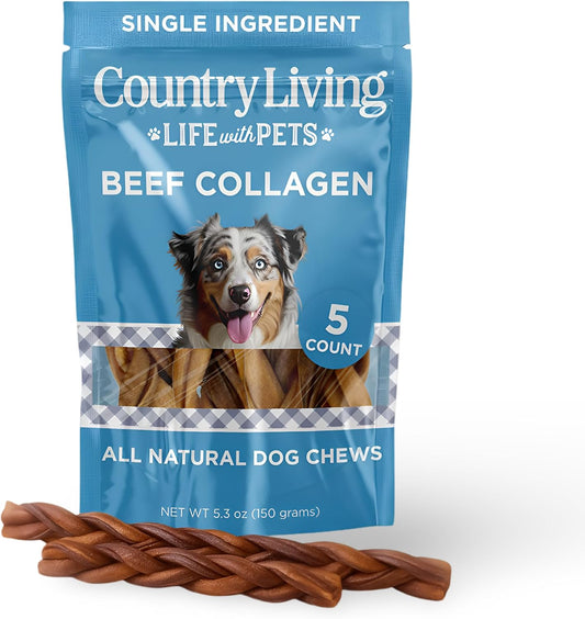 Country Living 6” Braided Collagen Sticks for Dogs – 5 Count Bag – All-Natural, Long- Lasting Dog Chews – High in Protein & Collagen – Rawhide-Free, Grain-Free – Supports Dental Health