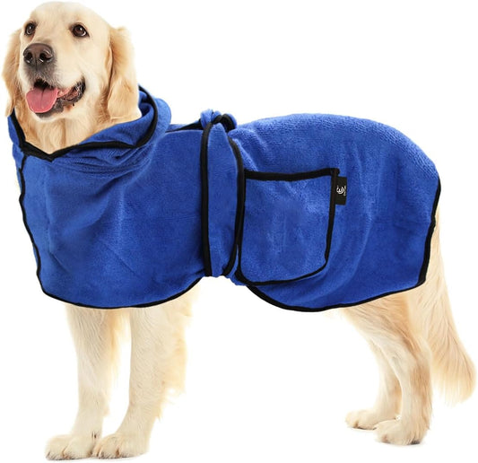 Coitek Dog Bathrobe Towel with Double Pocket, Wearable Dog Towel Super Absorbent Fast Drying, Soft Bath Robe with Hat and Belt for Medium Large Pet (Large:Back Length 23"/60 Cm)