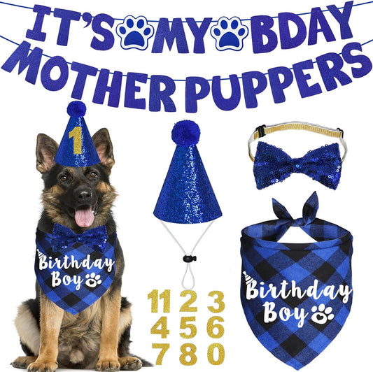 Dog Birthday Party Supplies, Multi Sizes Dog Birthday Hat with Numbers Bandana Bow Tie It’S My Bday Mother Puppers Sign Banner for Large X-Large Dogs Pets (X-Large, Blue)