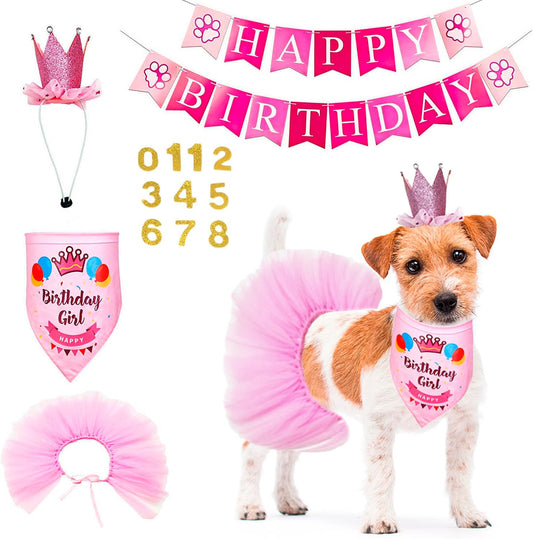 ADOGGYGO Dog Birthday Hat, Pink Birthday Girl Bandana & Tutu Set, X-Large
