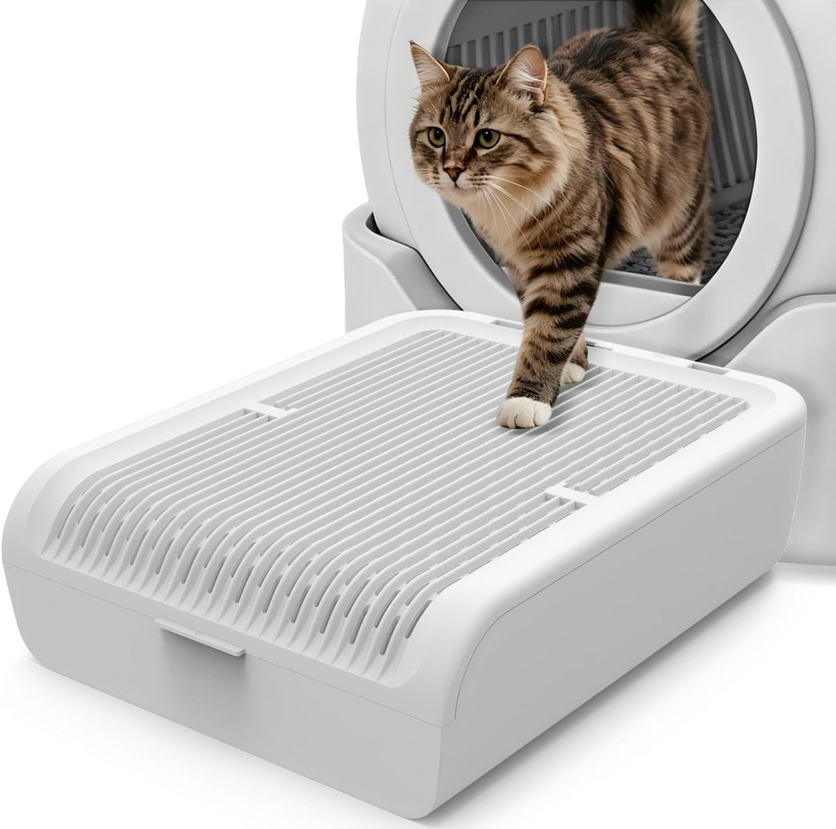 Litter Box Step for Cats, 15.2"×12.3" Wide Litter Box Ramp Non-Slip Litter Step Supports 50Lbs, Adjustable 1 or 2 Stairs for Senior & Large Cats, Deep Groove Catcher (Light Gray-1 Steps)