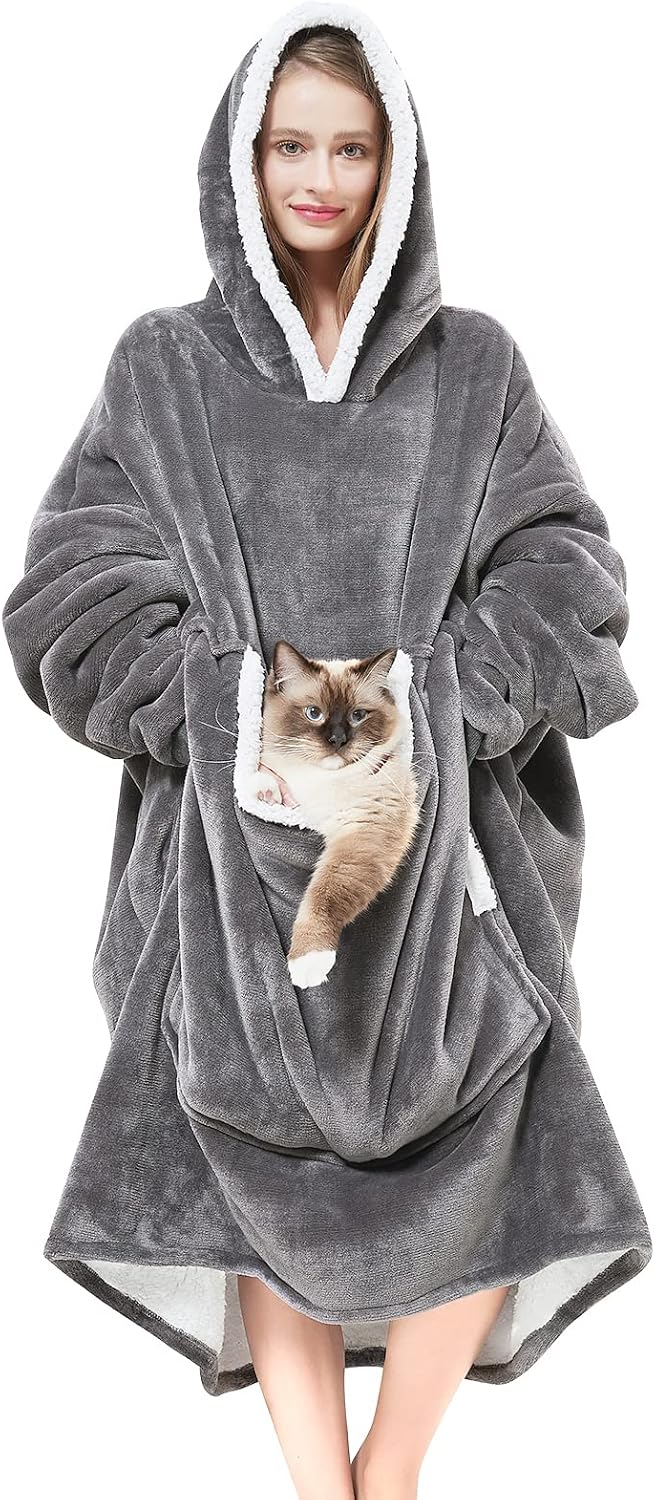Cozystar Wearable Blanket Hoodie with Giant Pocket （Pet Won'T Leave）