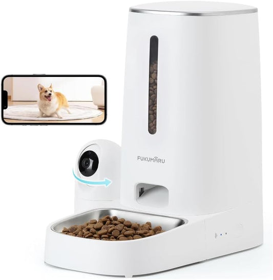 FUKUMARU Automatic Cat Feeder with Rotating Camera,1080P HD Video with Night Vision, 5G Wifi APP Control Pet Feeder, 2-Way Audio, Low Food, Motion & Sound Alerts