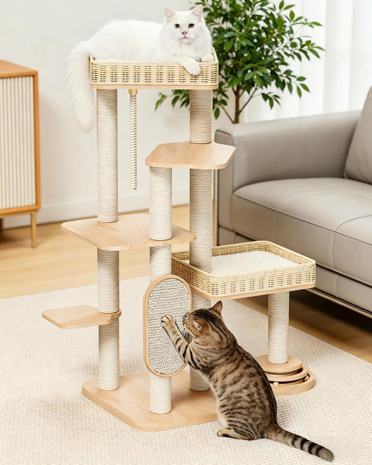 Modern Cat Tree, 53.4 Inches Wooden Multi-Level Cat Tower with Scratching Posts, Sisal Board, Condo, Plush Perch & Toy Ball, Pet Activity Center for Adult Cats