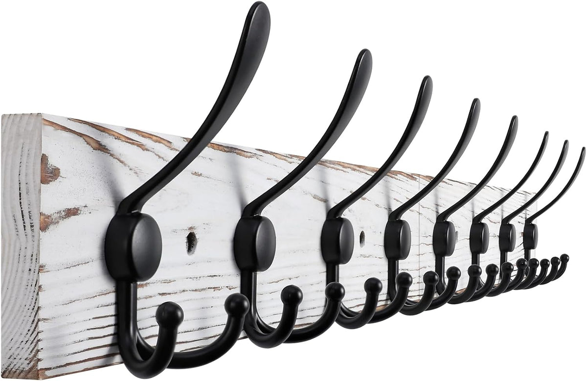 Kuhome 32.2'' Large Coat Rack Wall Mount Coat Hooks Coat Hanger with 8 Metal Black Triple- Hooks Brown Pine Real Wood Plank Hat Rack for Wall Hooks for Hanging Coat Hat Jacket
