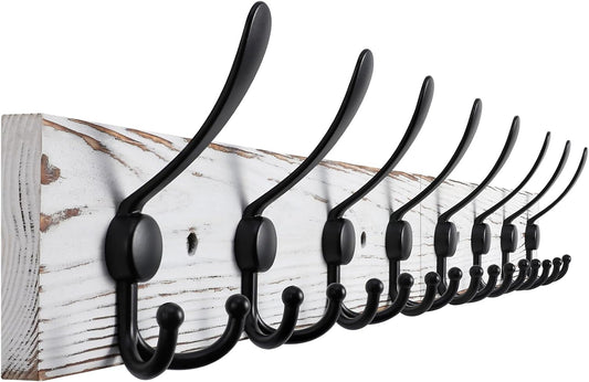 Kuhome 32.2'' Large Coat Rack Wall Mount Coat Hooks Coat Hanger with 8 Metal Black Triple- Hooks Brown Pine Real Wood Plank Hat Rack for Wall Hooks for Hanging Coat Hat Jacket