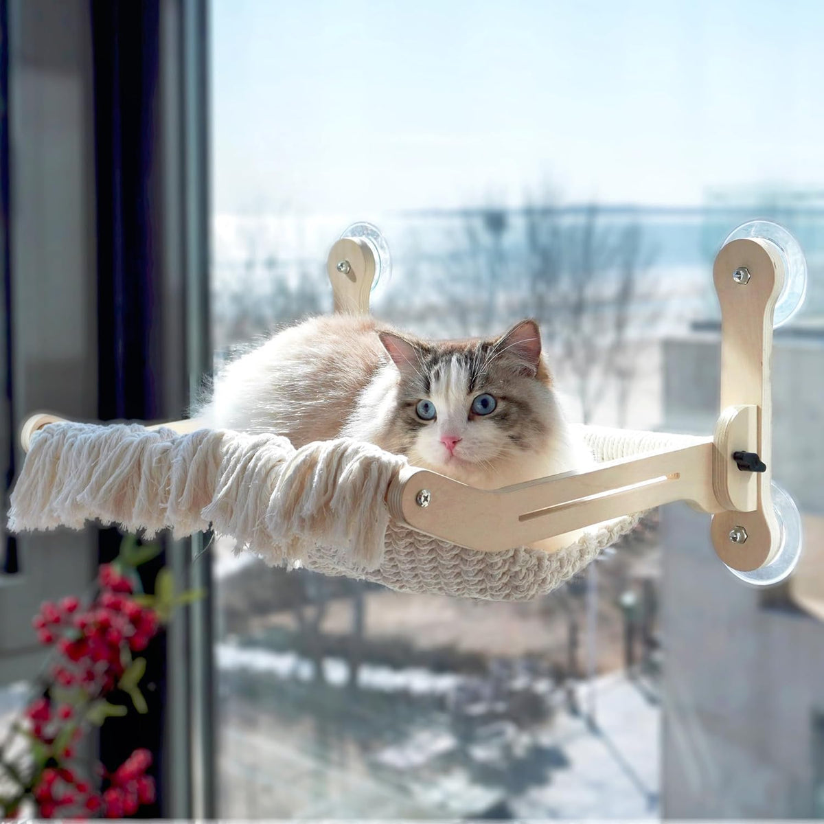 Cat Window Perch,Sturdy Cat Hammock for Window with Thickened Scution Cups,Large Foldable Window Sill Seat Bed, Solid Wood Shelf Boho Handmade Cushion for Indoor Cats up to 25-30Lb