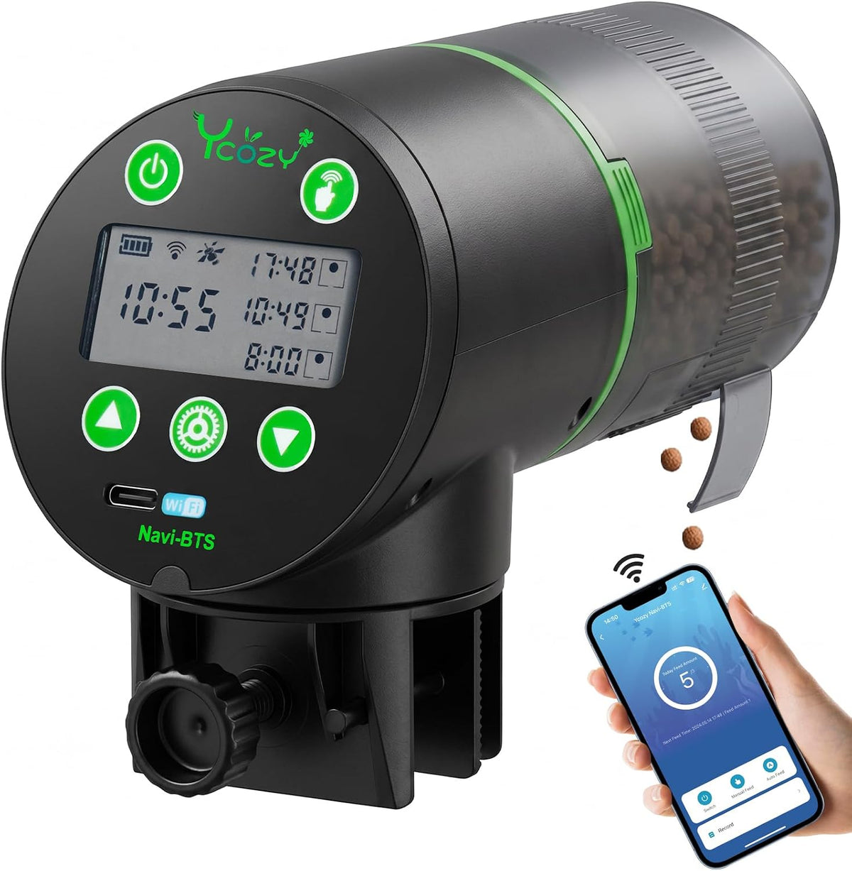 Ycozy Wifi Automatic Fish Feeder for Aquarium with Remote APP Control, Plug Powered, with Plug & USB-C Cable Vacation Auto Fish Food Dispenser for Small Tank/Betta/Turtle