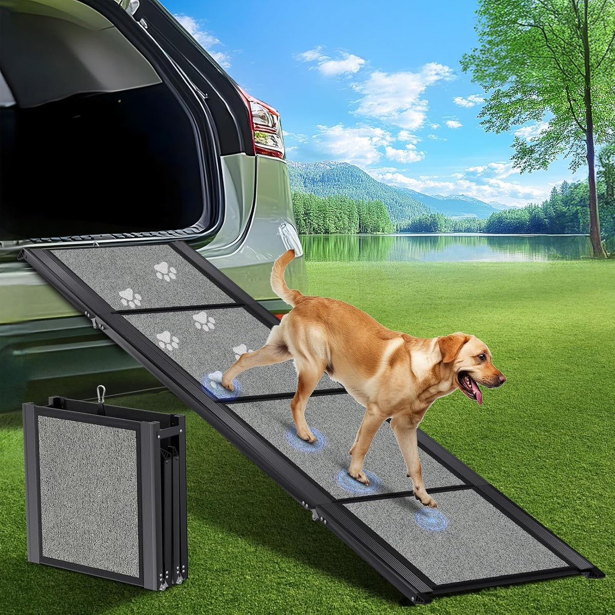 Dog Ramp for Car 𝟕𝟏”𝐱𝟐𝟎” Large Folding Pet Stair Ramps for Truck, SUV, with Non-Slip Surface, up to 250LBS, Outdoor Dog Car Ramp for Medium & Large Dogs, Portable Pet Steps