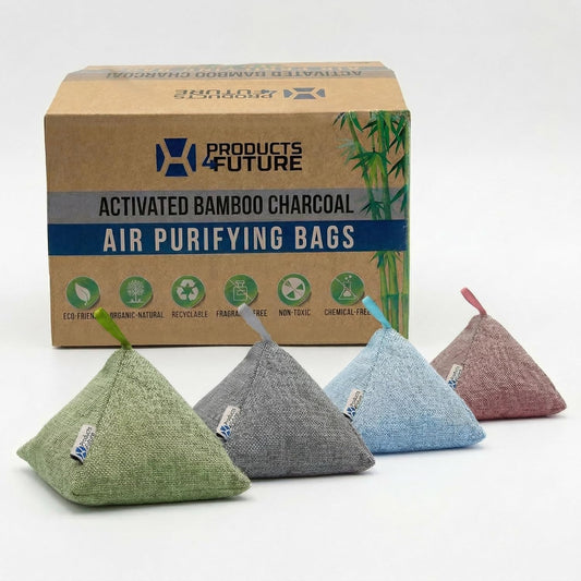 4 Pack Naturally Activated Bamboo Charcoal Air Purifying Bags | Natural Home Deodorizer Bag | Charcoal Bag Odor Absorber for Pets | Odor Eliminator & Moisture Absorber Air Freshener Bag (200G Pyramid)