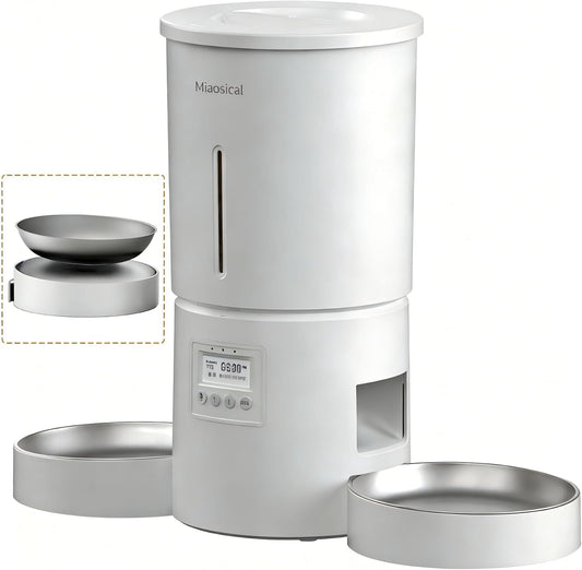 Automatic Cat Feeder 2 Cats, 4.2L Dry Food Auto Dispenser with Double Bowls,Dual Power Supply,Programmable Portion Control,10S Voice Recorde (White)