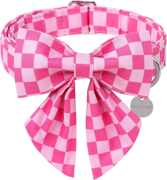 Dog Collar with Bow Tie,Up URARA PUP Pink Plaid Bowtie Dog Collar, Summer Bowtie Collar for Puppy Boy Girl Dog, Comfortable Cotton Dog Collar with Metal Buckle,S,Neck 10-16In, Pinkplaid CS