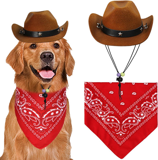 GOYOSWA Dog Halloween Costumes, Dog Cowboy Costume Halloween Dog Cowboy Hat Halloween Dog Bandana Scarf Funny Dog Halloween Costumes for Small Medium Large Dogs Pets (Brown Hat & Red Bandana, Large)