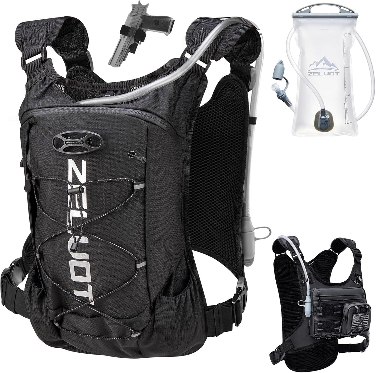 Zelvot Running Vest with 2L Water Bladder, Hydration Backpack, U.S. Design Patent, Lightweight Hydration Pack with Gear Holder, Reflective Chest Pack for Men Women