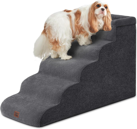 EHEYCIGA Curved Dog Stairs for High Beds 22.6" H, 5-Step Dog Steps, Grey