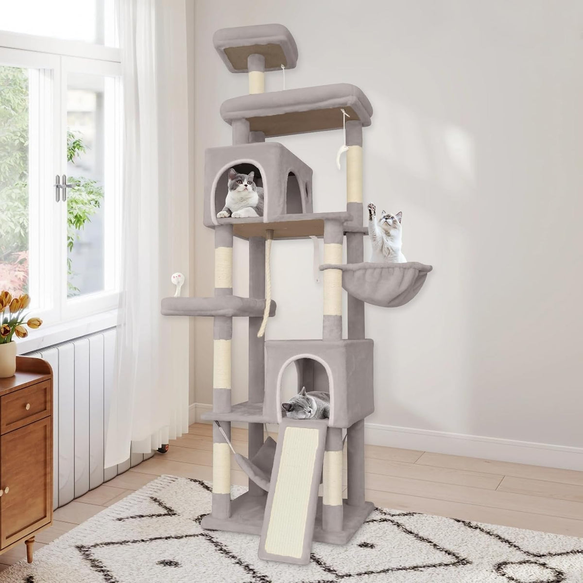 83Inch Cat Tree Tower with Multi-Level Platforms, Condos, Hammock, Scratching Posts and Hanging Toys (Dark Grey)