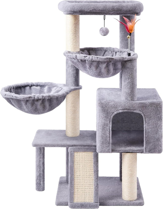 Cat Tree with Cat Condo and Two Hammocks, Cat Tree with Scratching Posts and Scratching Pads, Cat Tower for Indoor Cats, Activity Centre Climbing Tree with Playful Toy Balls, Grey