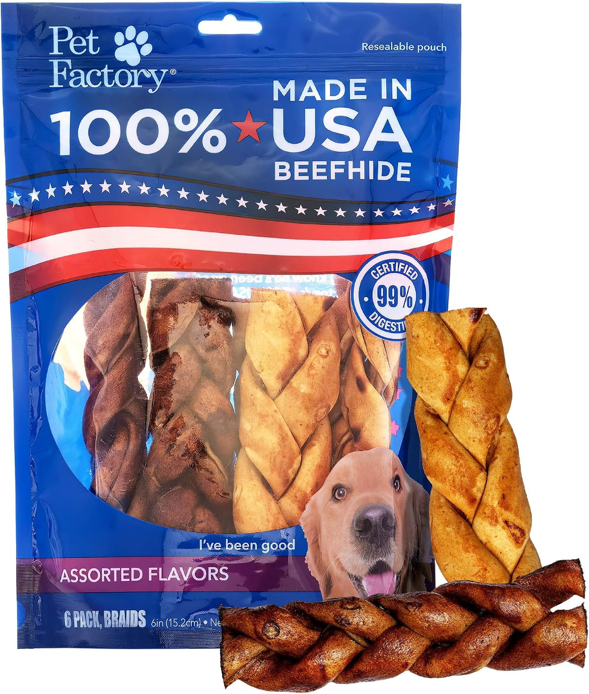 Pet Factory 100% USA Made Natural Beefhide Dog Chew Sticks - 6In Braided Dog Rawhide Bones with Beef & Chicken Flavors for Dental Health & Safe Chewing - 6 Inches (Pack of 6)
