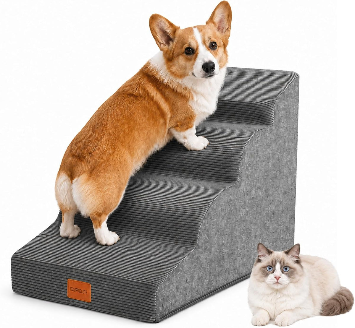 Dog Stairs for Small Dogs and Cats, 19.7" H, 4-Step Curved Pet Ramp for Beds or Couches, Non-Slip Medium Pet Steps with High Density Foam, Grey
