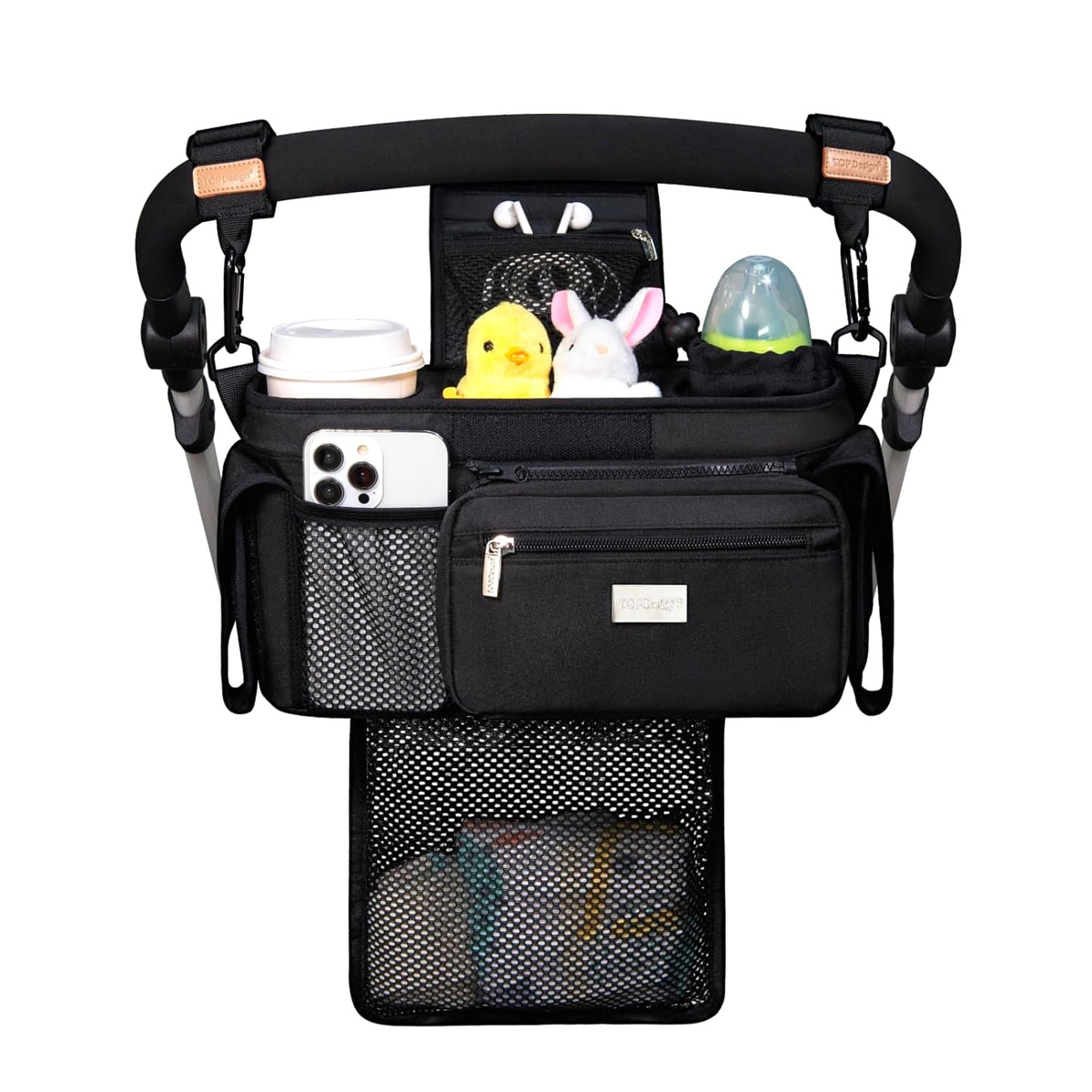 Topdesign Universal Baby Stroller Organizer, Stroller Caddy with Detachable Mesh Bag & Heightened Insulated Cup Holders & Non-Slip Secure Hooks Accessories, Fits Most Strollers (Khaki Checkered)