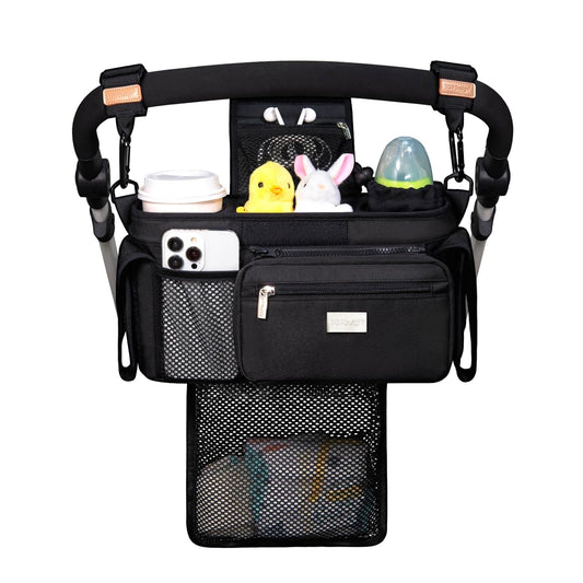 Topdesign Universal Baby Stroller Organizer, Stroller Caddy with Detachable Mesh Bag & Heightened Insulated Cup Holders & Non-Slip Secure Hooks Accessories, Fits Most Strollers (Khaki Checkered)