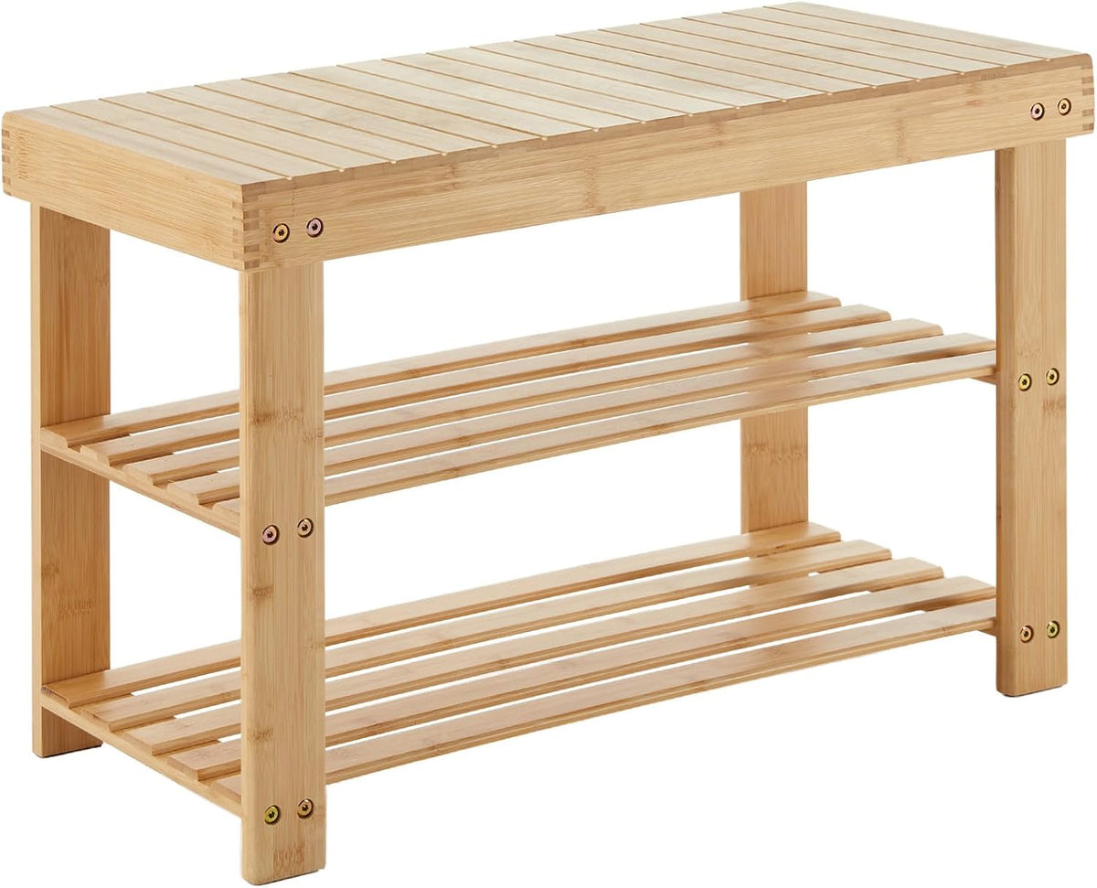 DUMOS Shoe Rack Bench with Storage, 3-Tier Bamboo Entryway Benches, Wooden Shoe Rack Holds up to 286 Lb Storage Organizer, Suitable for Bedroom Living Room Balcony, Classical Wood